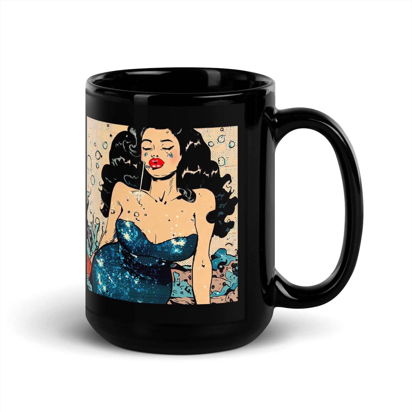 Blue Glitter Siren 15oz Black Glossy Mug